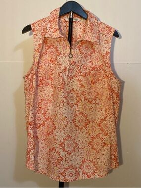 Emily Daniel’s Sleeveless Zip Polo Tank Top - Orange Floral Print Size Large